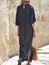 preiswerte Kleider-Damen Langes Kleid Maxikleid Baumwoll-Leinenkleid Klassisch Modern Urlaub Täglich Ferien Normale Passform Einfach Halbarm V Ausschnitt Schwarz Weiß Wein Dunkelgray Sommer