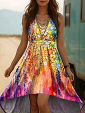 tanie Sukienki boho-Damskie Sukienka midi Sukienka A line Letnie sukienki Urlop Codzienny Boho Wyjściowe Plaża Regularny Kwiaty Graficzny Bez rękawów W serek Niebieski Fioletowy Pomarańczowy Zielony Lato Wiosna