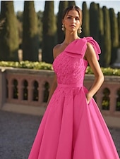 billige champagne-A-Linje Kveldskjole Elegant Kjole Formell Bryllup Gulvlengde Uten Ermer One Shoulder Sateng med Glitter Sløyfe(r) Perler