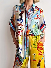 abordables Ensembles-Femmes Mode Streetwear Ensembles de Pantalons Demi Manches Col de chemise Graffiti Imprimé Tenue quotidienne Date Jaune Été Coupe régulière
