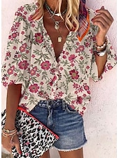 abordables T-shirt floral-Femmes Chemise Hauts d&#039;été Bohème Quotidien Chaussures de plage Demi Manches Col de chemise Hauts Réguliers Léopard Noir Jaune Bleu Ciel Fuchsia Été