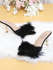 cheap Formal-Women&#039;s Pink Fuzzy Open Toe Wedding Mules with Satin Finish and Kitten Heels, Fluffy Bridal Slippers for Bride Getting Ready, Bachelorette Party or Indoor Reception