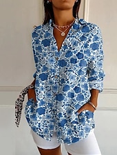 voordelige Vrouwen vakantie tops-Dames Overhemd Bloem Dagelijks Stijlvol Basic Halve mouw V-hals Normale tops Dagelijks Feestdagen Afdrukken Blozend Roze blauw Bruin Lente Herfst