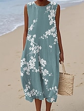 abordables Robes Rayés et Géométriques-Femmes Robe Midi Robe d&#039;Été Robe trapèze Vacances Occasionnel Boho Sortir Fleuri Graphique Sans manches Col Rond Blanche Bleu Vert Kaki Été Printemps