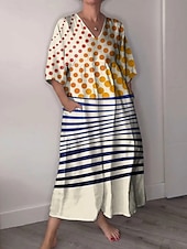 ieftine Rochii cu dungi și geometrice-Pentru femei Rochii Midi Rochie de Vară Rochie A line Vacanță Casual Boho Ieșire Plajă Grafic Geometric Lungime Manșon 3/4 În V Galben Alburiu Vară Primăvară