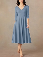 economico Lunghezza del tè-Abito A-Line madre della sposa ospite matrimonio elegante minimalista scollatura a V lunghezza tè in raso italiano manica a tre quarti con drappeggio