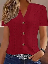 cheap Plain tee-Women&#039;s T Shirt Solid Color Plain Basic Modern Casual Short Sleeve V Neck Regular Tops Daily Weekend Buttons Eyelet White Wine Fuchsia Khaki Summer