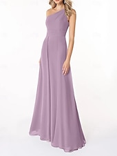 abordables Robes de demoiselle d&#039;honneur-Ligne A Robe de Demoiselle d&#039;Honneur  Une Épaule Sans manches Élégant Longueur au sol Chiffon avec Plis / Fronces 2022