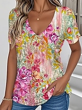 abordables T-shirt floral-Femmes T-shirt Fleuri Graphique Plantes ancien Élégant Classique Manche Courte Col en V Hauts Réguliers Quotidien Imprimé Jaune Rose Claire Vert Été Printemps