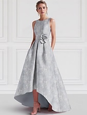 olcso Koktélruhák-Jacquard A-vonalú Koktélruhák Elegáns Ruha Formális Esküvő Aszimmetrikus Ujjatlan Kerek Nyak Nylon Virágmintás Zsebes Esküvői Vendég Ruha