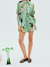 abordables Ensembles-Femmes Mode Streetwear Chemises en coton et lin Ensembles en coton et lin Ensembles de Shorts Manche Courte Col de chemise Fleuri Imprimé Tenue quotidienne Date Vert Été Coupe régulière