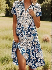 preiswerte Blumenkleid-Damen Midikleid A Linie Kleid Sommerkleid Urlaub Lässig Strand Date Sommerkleid Normale Passform Blumen Grafik Kurzarm Revers Rosa Rote Blau Fuchsie Sommer