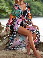Недорогие Кафтаны-Жен. Купальники Накидка купальник галстук спереди тропический Одежда для пляжа Цветы V-образный вырез Длинный рукав Купальники