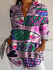 voordelige Dames grafische tops-Dames Overhemd Blouse Bloem Casual Lange mouw Overhemdkraag Normale tops Dagelijks Feestdagen Uitgaan Knop Afdrukken Wit Geel blauw Paars Fuchsia Zomer