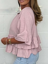 billige Kvinne Enkle Topper-Dame Bluse Helfarge Stilfull Fritid 3/4 ermer Crew-hals Vanlige topper Daglig Drapering Svart Hvit Rosa Grønn Sommer Vår