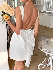 levne Šaty na výroční setkání-A-Line šaty pro quinceañeru elegantní šaty pro svatbu svatební host šaty krátké  mini bez rukávů s lodním výstřihem saténové bez zad s perlami