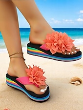 voordelige Slide Sandalen-Regenboog platform slippers voor dames met grote roze bloem, kleurrijke strandsandalen voor vakantie, tieners en jongvolwassenen, zomerse casual stijl