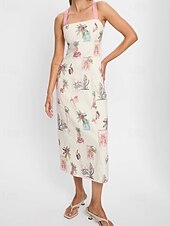 economico disegnare abiti in cotone e lino-Per donna Abito Lungo Maxi Abito Abiti in cotone e lino Vestito Casual Moda All&#039;aperto Feste Ferie Vestibilità regolare Fiore Senza Maniche Spalline Rosa Estate