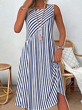 ieftine Rochii cu dungi și geometrice-Pentru femei Rochie Mini Rochie A line Rochie de vară Vacanță Casual În aer liber Ieșire Plajă Fit regulat Grafic Dungi Fără manșon Stil Nautic Albastru piscină Vară Primăvară