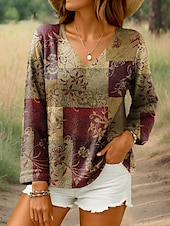 abordables Tops Boho pour Femmes-Femmes Chemisier Fleuri Graphique Géométrique Élégant Occasionnel manche longue Col en V Hauts Réguliers Quotidien Imprimé Violet Marron Vert Été Printemps