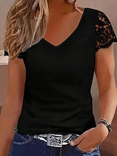 abordables Hauts en dentelle-Blouse pour femmes Tops en dentelle Couleur unie Quotidien Décontracté Manches courtes Col en V Tops réguliers Pantalon en dentelle Noir Blanc Été