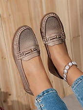 abordables Chaussures sans lacet et mocassins femme-Mocassins pour femme en similicuir métallisé avec mors doré, chaussures plates confortables à enfiler pour la conduite, le travail et les sorties décontractées