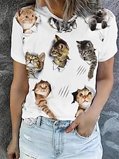 preiswerte Tiere T-Shirt-Damen T Shirt Sommeroberteile Grafik Katze Klassisch Lässig Kurzarm Rundhalsausschnitt Crop Tops Täglich Wochenende Druck Regenbogen Sommer Frühling Herbst