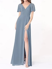 economico Abiti da damigella-Abito A-Line Damigella d&#039;Onore V Collo Manica Corta Elegante Lunghezza del Pavimento Chiffon con Fessura Frontale/Ruching