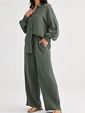 abordables Ensembles-Femmes Actif Mode Chemises en coton et lin Ensembles en coton et lin Chemisier manche longue Col de chemise Couleur Unie Dubbele Rij Knopen Fête Décontracté Quotidien Noir Ivoire Vin Été Coupe