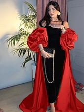 abordables NOIR-Robe de soirée élégante en colonne/silhouette ajustée robe formelle de mariage longue à partir du sol à manches longues col carré satin avec châle