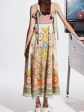 preiswerte Kleider aus Baumwolle und Leinen entwerfen-Damen Langes Kleid Maxikleid Baumwoll-Leinen-Kleider Freizeitkleid Mode Outdoor Party Ferien Normale Passform Ethnisch Kurzarm Träger Gelb Sommer