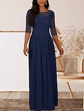 baratos Comprimento do chão-Vestido para Mãe da Noiva em A Convidada de Casamento Elegante Decote Redondo Comprimento até o Chão Chiffon Manga Curta com Pregas e Apliques