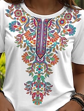 billige Boho t-skjorte-Dame T skjorte Blomstret Grafisk Planter Årgang Stilfull Klassisk Kortermet Crew-hals Vanlige topper Daglig Helg Trykt mønster Svart Hvit Sommer