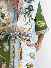 cheap Print Cotton &amp; Linen Dresses-Women&#039;s Mini Dress Cotton Linen Dresses Casual Dress Fashion Outdoor Party Holiday Regular Fit Animal Short Sleeve Shirt Collar Green Summer