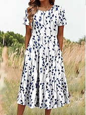 preiswerte Blumenkleid-Damen Midikleid T-Shirt-Kleid A Linie Kleid Sommerkleid Urlaub Lässig Täglich Ausgehen Sommerkleid Normale Passform Blumen Grafik Halbarm Rundhalsausschnitt Weiß Dunkelpink Blau Sommer Frühling