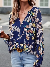 billige Boho topper-Dame Boho skjorte Bluse Blomsternål i krystall Moderne Bohem Langermet V-hals Vanlige topper Daglig Ut på byen Trykt mønster Svart Navyblå Blå Aprikos Sommer