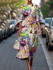 billige Elegante blomsterkjoler-Dame Midikjole Floral kjole Print kjole Elegant Mote utendørs Feriereise Ut på byen Normal Blomsternål i krystall Halvlange ermer Crew-hals Rosa Fersken Grønn Mørkeblå Sommer