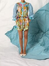 abordables Ensembles-Femmes Mode Streetwear Chemises en coton et lin Ensembles en coton et lin Ensembles de Shorts manche longue Col de chemise Usine Imprimé Tenue quotidienne Date Bleu Été Coupe régulière