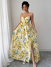 olcso Koktélruhák-Ásványvonalú quinceanera ruhák Elegáns ruha formális esküvő földig érő ujjatlan V nyakú poliészter hátul nyitott virágmintás esküvői vendég ruha