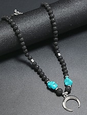 cheap Men&#039;s Jewelry-Men&#039;s Lava Rock Beaded Necklace with Turquoise and Crescent Moon Pendant - Boho Style, Adjustable Length, Unisex for Casual Wear, Outdoor and Daily Use