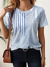 ieftine Tricou cu dungi și geometric-Pentru femei Tricou Grafic Geometric Dungi Epocă Stilat Clasic Manșon scurt Stil Nautic Topuri obișnuite Zilnic Imprimeu Albastru piscină Albastru celest Vară Primăvară
