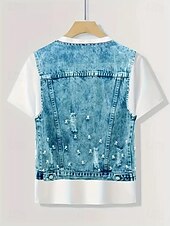 billige Kunst &amp; Design t-skjorte-Dame T skjorte Grafisk Årgang Stilfull Vestlig Kortermet Crew-hals Vanlige topper Daglig Ut på byen Helg Trykt mønster Blå Sommer Vår