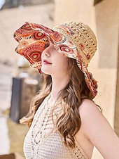 cheap Women&#039;s Hats-Women&#039;s Wide Brim Straw Sun Hat with Colorful Ethnic Print Bow – Boho Style Foldable Beach Hat for Summer Travel and Vacation