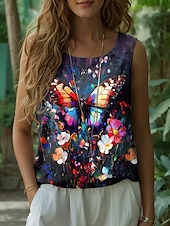 billige Blomstrete tanktop-Dame Camisole Tank Top Blomstret Grafisk Elegant Bohem Årgang Ermeløs Crew-hals Vanlige topper Svart Oransje Sommer Vår