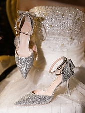 economico sposa-Scarpe da sposa con tacco argento scintillante da donna con fiocco – eleganti scarpe da sposa con punta a punta e cinturino alla caviglia per la sposa