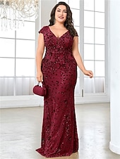 cheap BLUE-Mermaid / Trumpet Plus Size Dresses Elegant Curve Dress Formal Wedding Floor Length Short Sleeve V Neck Lace Backless with Sequin