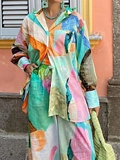 olcso Készletek-Női Divat Utcai sikk Pamut vászon ingek Nadrág szettek Hosszú ujj Állógallér Színes Nyomtatott Hétköznapi viselet Randi Lóhere Nyár Normál
