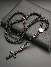 Недорогие Мужские украшения-мужское ожерелье с крестом из черного лавового камня и тигрового глаза – духовное ожерелье из нержавеющей стали с бусинами регулируемой длины, идеальный подарок на день отца для повседневной и религиозной носки