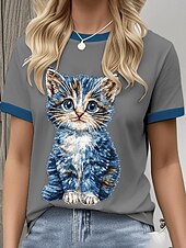 economico Maglietta Animali-Per donna Maglietta Grafico Animale Gatto Vintage Elegante Classico Manica Corta Girocollo Top Regolari Quotidiano Weekend Stampato Nero Bianco Blu Grigio Estate Primavera