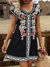 ieftine Rochii florale-Pentru femei Rochie Mini Rochii Tricou Rochie de Vară Rochie de vară Vacanță Casual Boho Zilnic Ieșire Fit regulat Floral Grafic Manșon scurt În V Negru Roșu Vin Albastru piscină Maro Vară